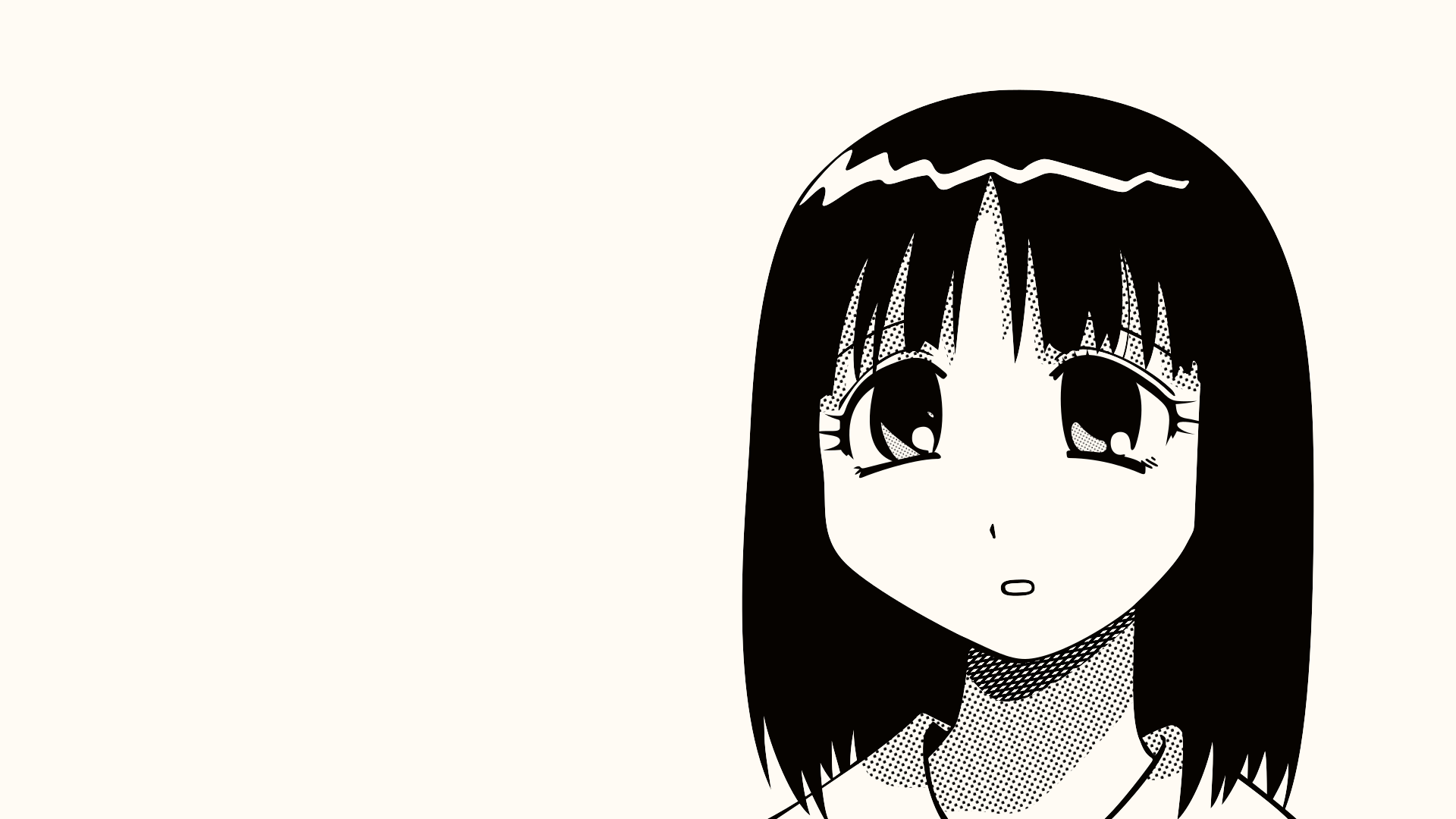 Black-and-white anime portrait from Azumanga Daioh: a schoolgirl with straight dark hair and large eyes against empty space — HD PC desktop wallpaper/background.