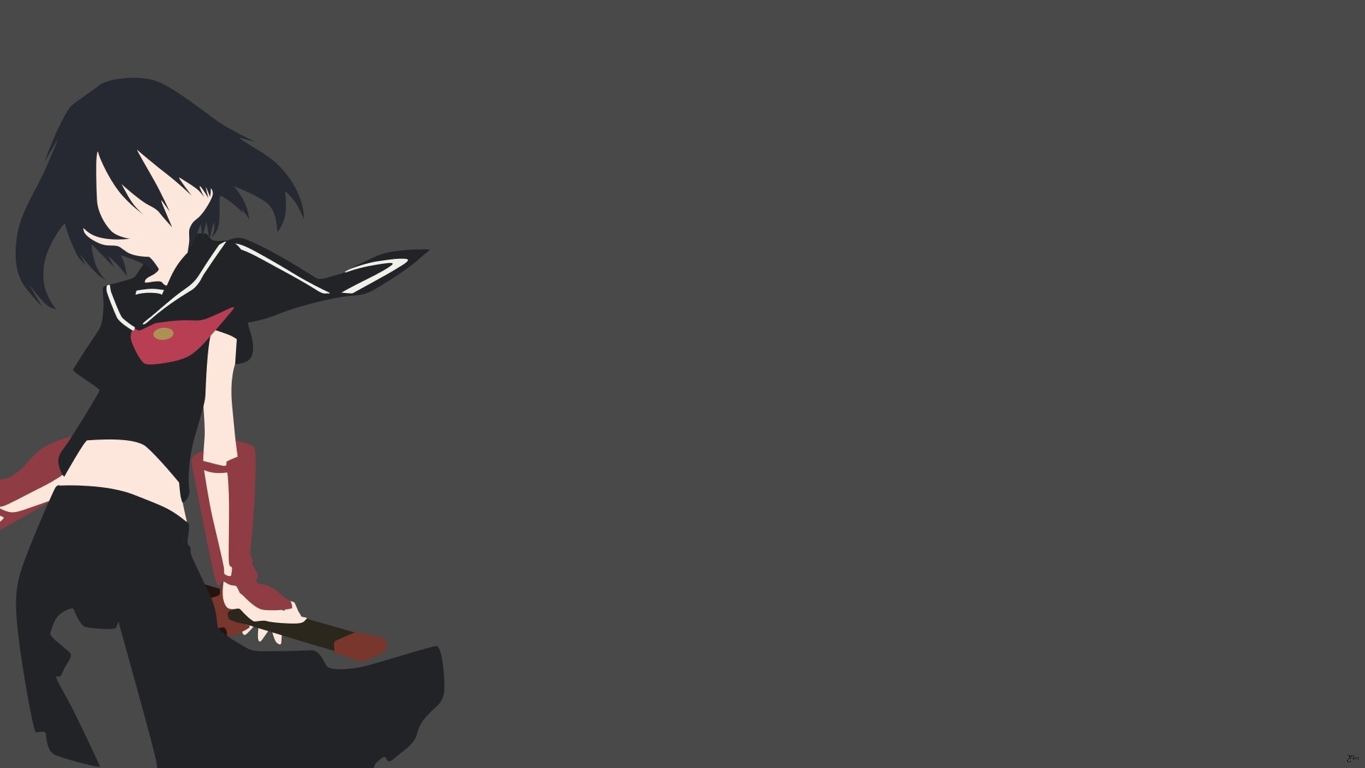 Minimalist HD desktop wallpaper featuring Kurome from the anime Akame ga Kill!, set against a dark gray background with red and black accents.