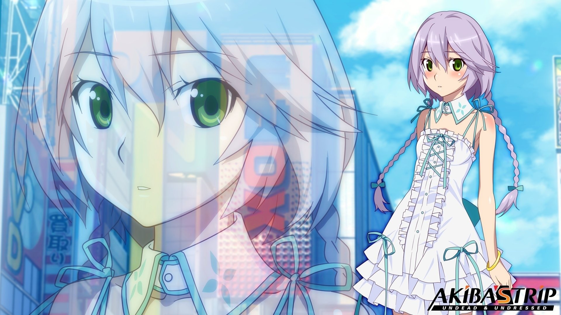HD PC desktop wallpaper from Akiba's Trip: green-eyed girl with lilac braided hair in a white frilled dress, close-up face overlayed with a full-body pose against a blue sky.