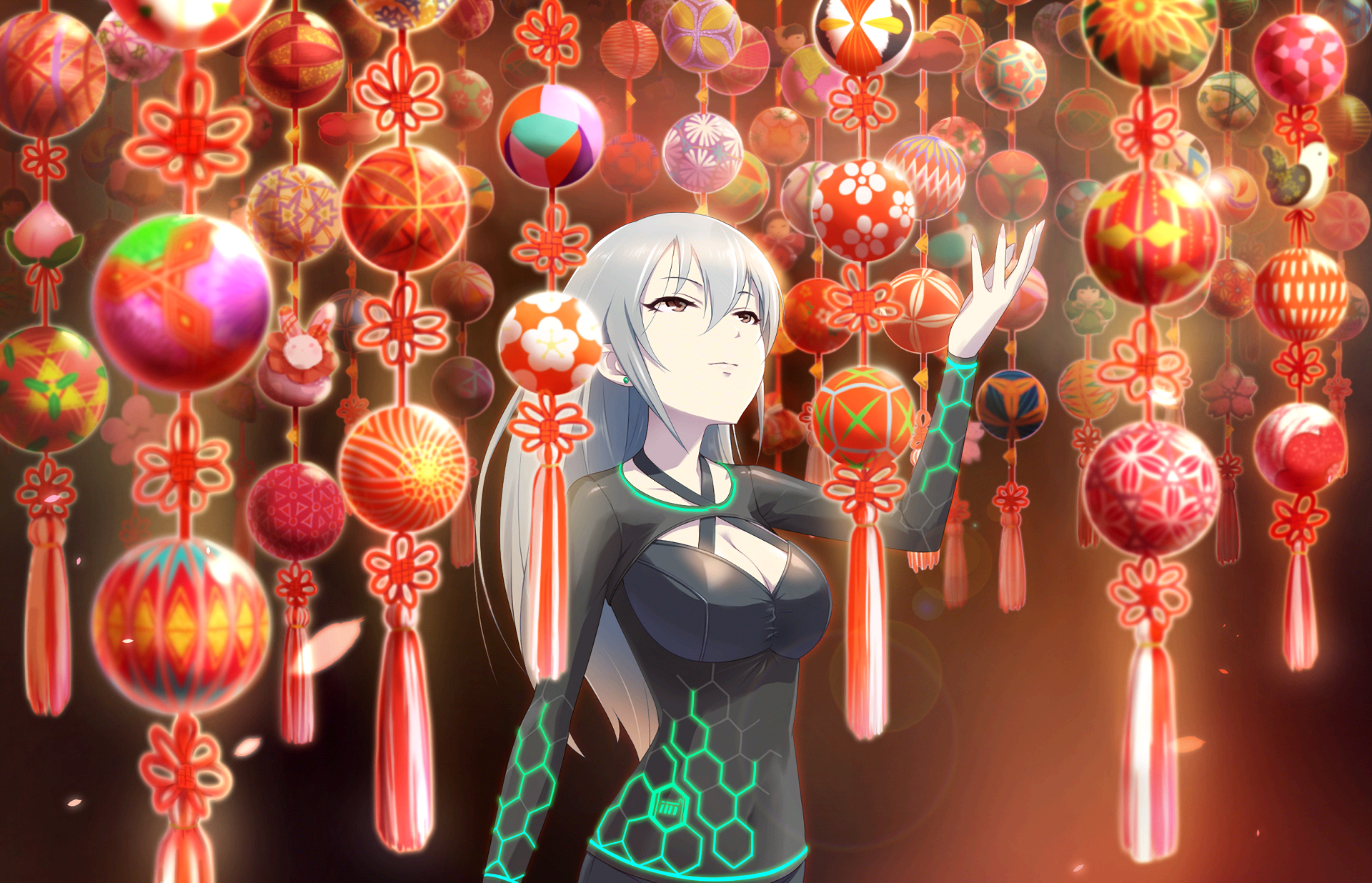 HD PC desktop wallpaper featuring Noa Takigawa from THE iDOLM@STER: Cinderella Girls Starlight Stage, surrounded by colorful hanging ornaments in an anime style.