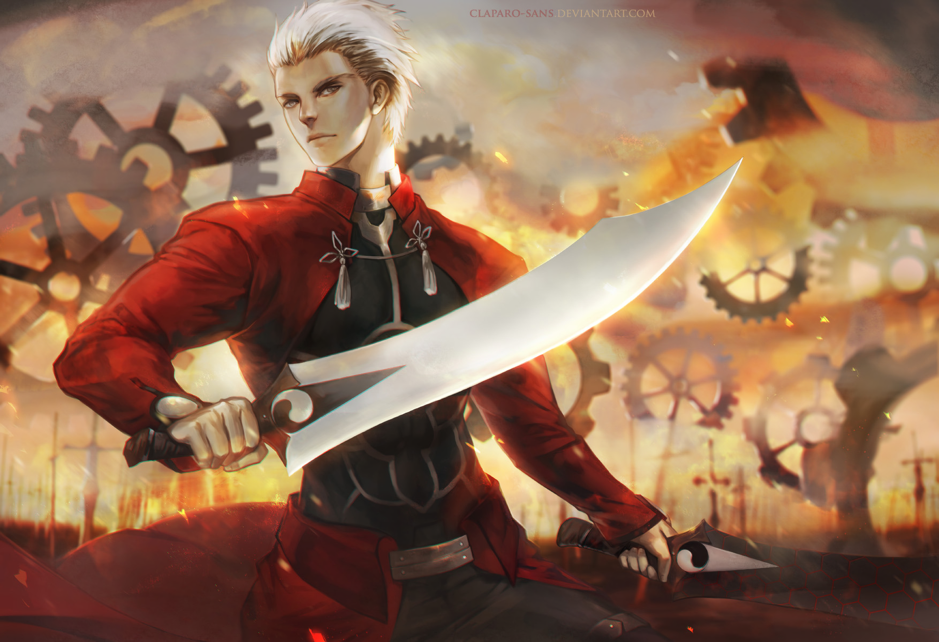 HD PC desktop wallpaper featuring Archer from the anime Fate/Stay Night, holding a large curved sword with a fiery, gear-filled background.