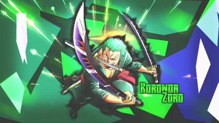 HD anime desktop wallpaper featuring Roronoa Zoro from One Piece, wielding swords with a dynamic green and black background.
