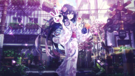 HD desktop wallpaper featuring Tohka Yatogami from Anime Date A Live, dressed in festival attire, amidst a vibrant, blossom-filled urban background.