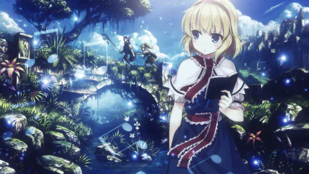 HD anime PC wallpaper featuring Alice Margatroid from Touhou, standing in a luminous forest with mystical blue lighting and detailed foliage.