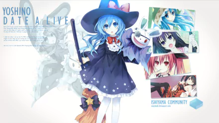 HD PC desktop wallpaper featuring anime characters from Date A Live, with a central figure dressed as a witch holding a puppet and vibrant character portraits on the side.