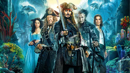 HD desktop wallpaper featuring characters Henry Turner, Captain Salazar, Carina Smyth, Hector Barbossa, and Jack Sparrow from the movie Pirates of the Caribbean: Dead Men Tell No Tales.