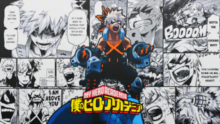 A dynamic HD desktop wallpaper featuring Katsuki Bakugou from My Hero Academia, showcasing vibrant colors and intense manga panels in the background.