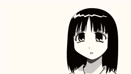 Black-and-white anime portrait from Azumanga Daioh: a schoolgirl with straight dark hair and large eyes against empty space — HD PC desktop wallpaper/background.
