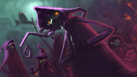 Dark Fantasy 4K Ultra HD PC desktop wallpaper: skull-faced, spider-limbed creature looms in night fog among witchlike figures and floating glowing eyes.