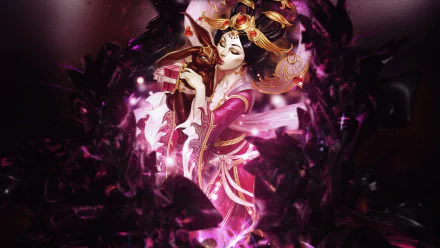 HD PC desktop wallpaper of Chang'e from Smite: ethereal moon goddess in ornate pink and gold robes, summoning lunar energy amid swirling dark-purple shards.