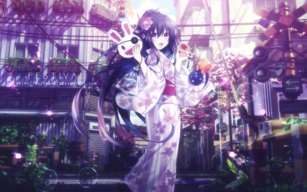 HD desktop wallpaper featuring Tohka Yatogami from Anime Date A Live, dressed in festival attire, amidst a vibrant, blossom-filled urban background.