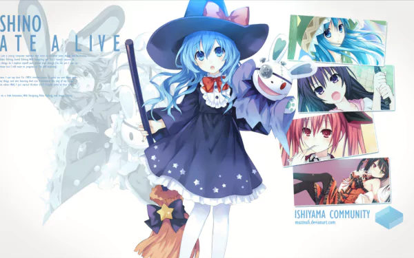 HD PC desktop wallpaper featuring anime characters from Date A Live, with a central figure dressed as a witch holding a puppet and vibrant character portraits on the side.