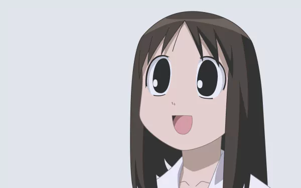 Azumanga Daioh anime HD PC desktop wallpaper/background: cheerful long-haired girl with oversized eyes and an open smile against a pale, minimalist background.