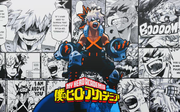 A dynamic HD desktop wallpaper featuring Katsuki Bakugou from My Hero Academia, showcasing vibrant colors and intense manga panels in the background.