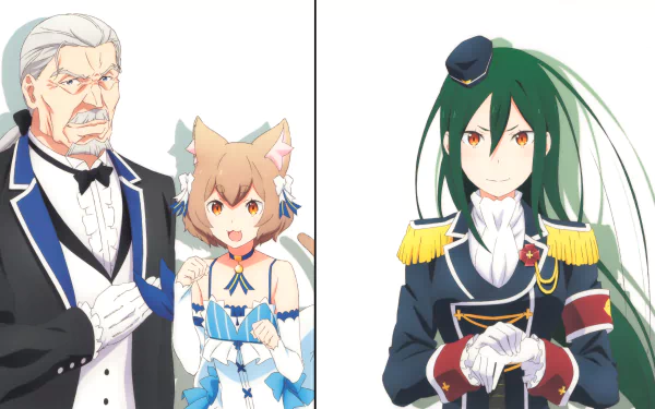 5K Ultra HD PC wallpaper: Re:Zero anime portrait of Wilhelm van Astrea and Felix Argyle at left, Crusch Karsten in military uniform at right.