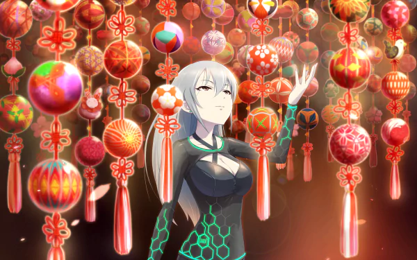HD PC desktop wallpaper featuring Noa Takigawa from THE iDOLM@STER: Cinderella Girls Starlight Stage, surrounded by colorful hanging ornaments in an anime style.