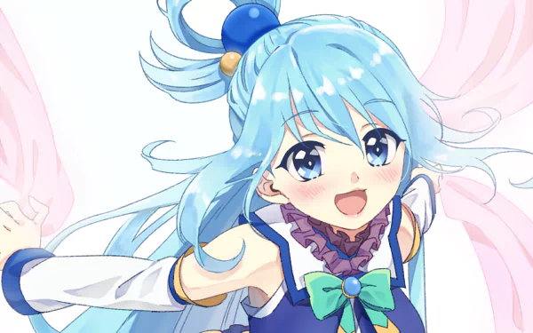 HD PC desktop wallpaper featuring Aqua from the anime KonoSuba - God’s blessing on this wonderful world!! with her bright blue hair and joyful expression.