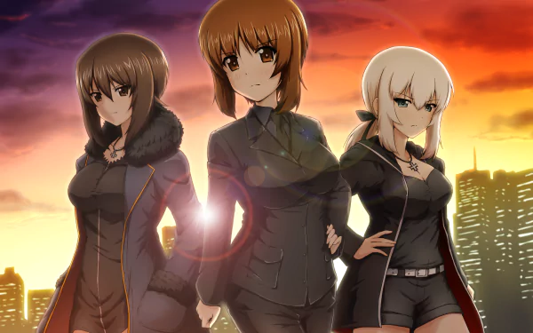 HD anime wallpaper featuring Miho Nishizumi, Maho Nishizumi, and Erika Itsumi from Girls und Panzer against a vibrant sunset cityscape background.