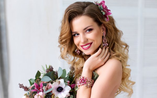 Women Model Smile Lipstick Brunette Blue Eyes Earrings Bouquet HD Wallpaper | Background Image