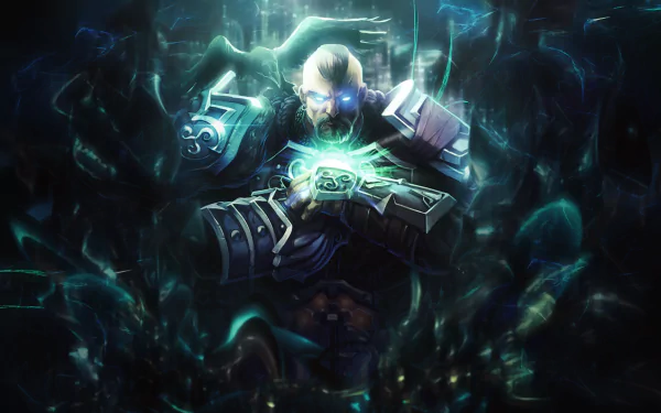 Tyr (Smite) in glowing teal armor, channeling green energy from his gauntlet amid swirling dark mist — HD PC desktop wallpaper/background, video game art.