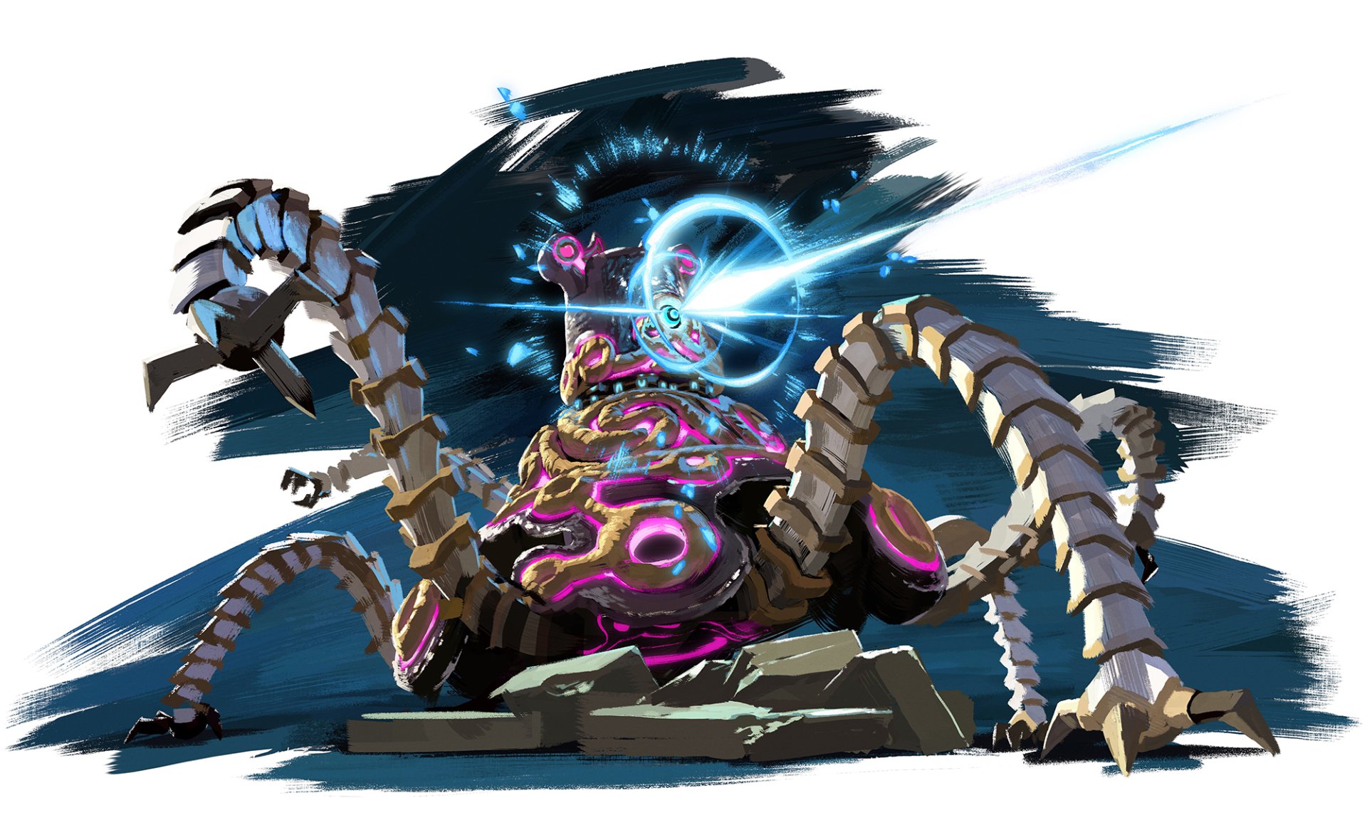 HD desktop wallpaper from The Legend of Zelda: Breath of the Wild featuring a dynamic battle scene with a Guardian.