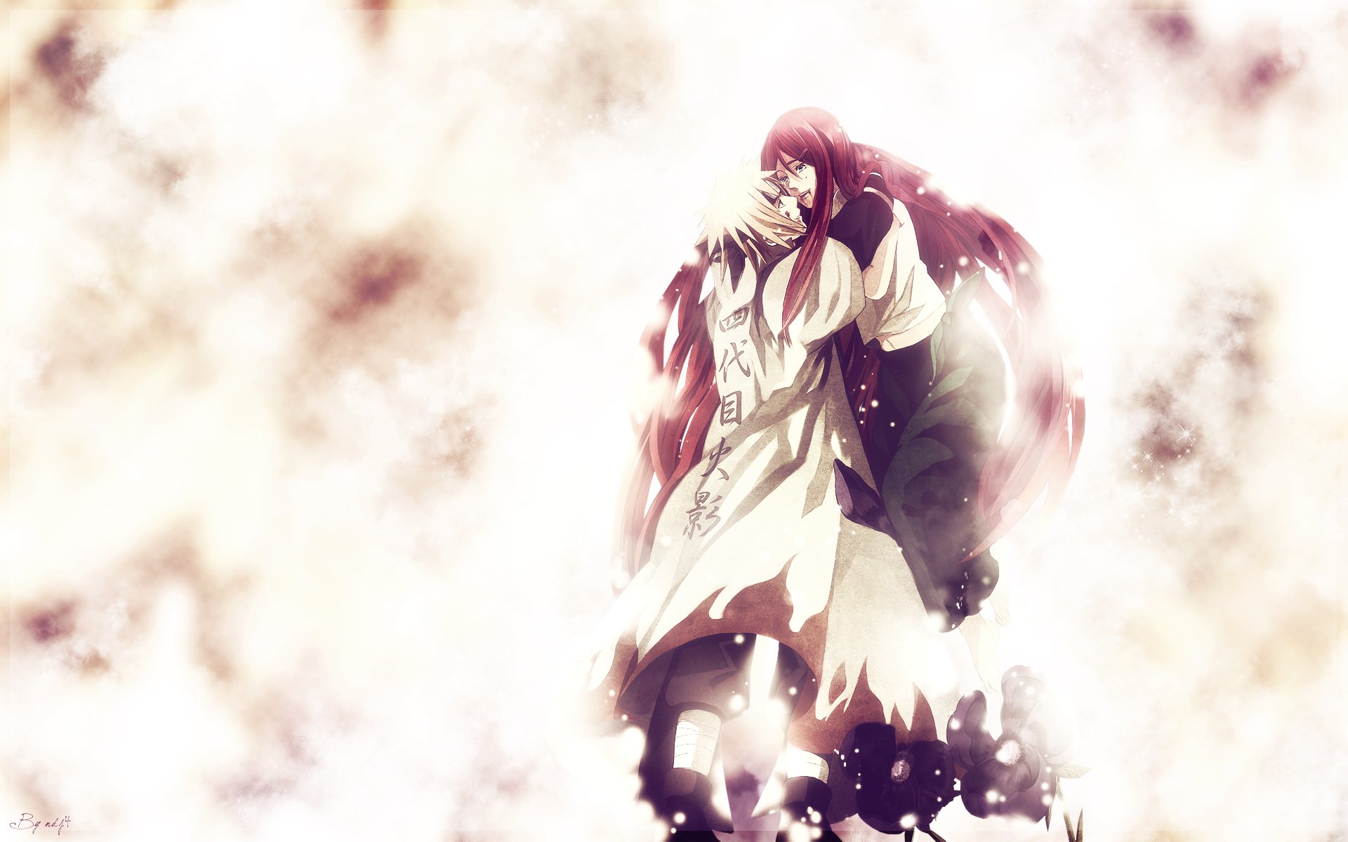 HD desktop wallpaper featuring Kushina Uzumaki and Minato Namikaze from the anime Naruto, surrounded by a misty and ethereal background.