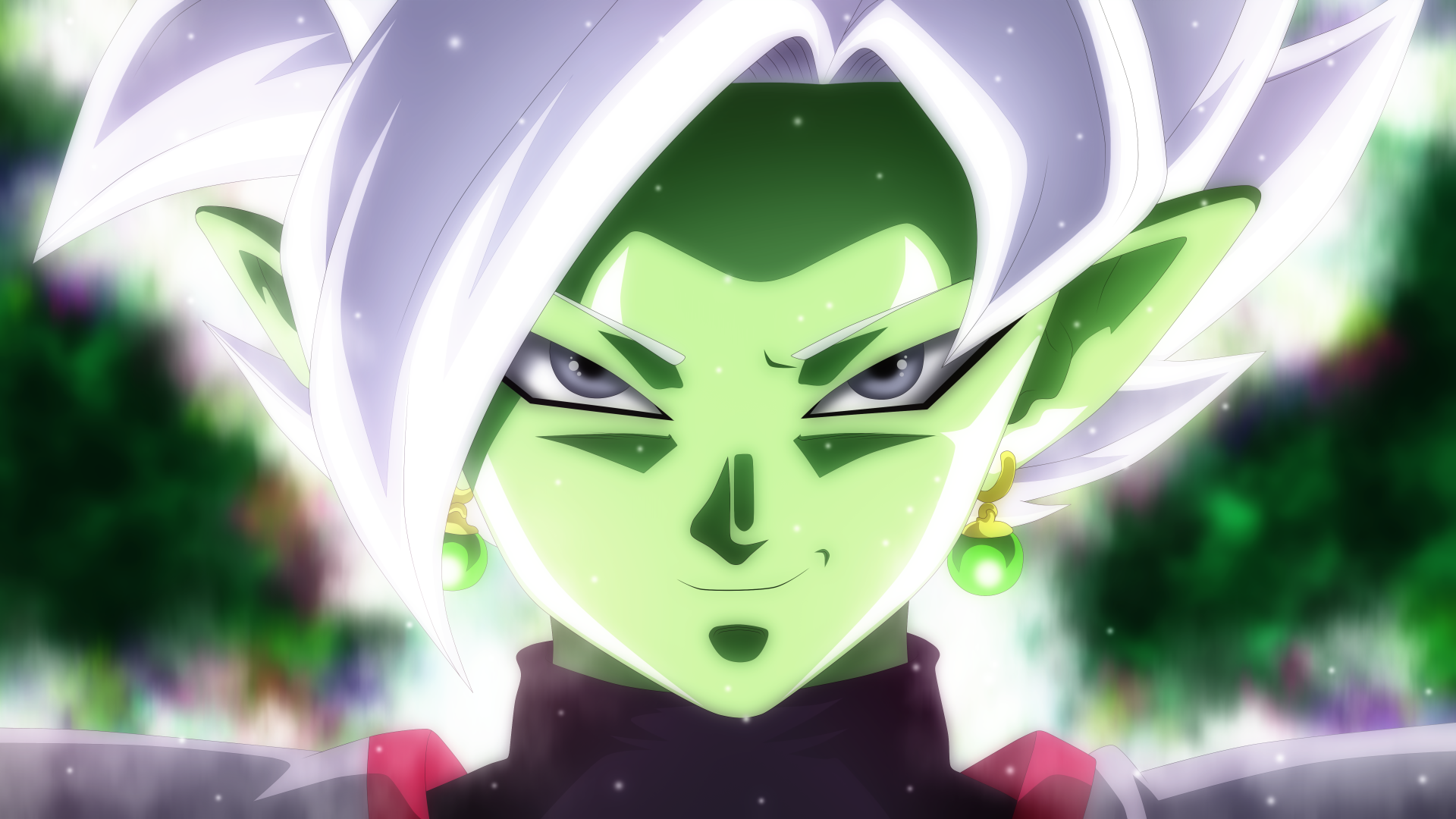Close-up of a green-skinned character from Dragon Ball Super with white hair and intense eyes, presented in 4K Ultra HD anime style for PC desktop wallpaper.
