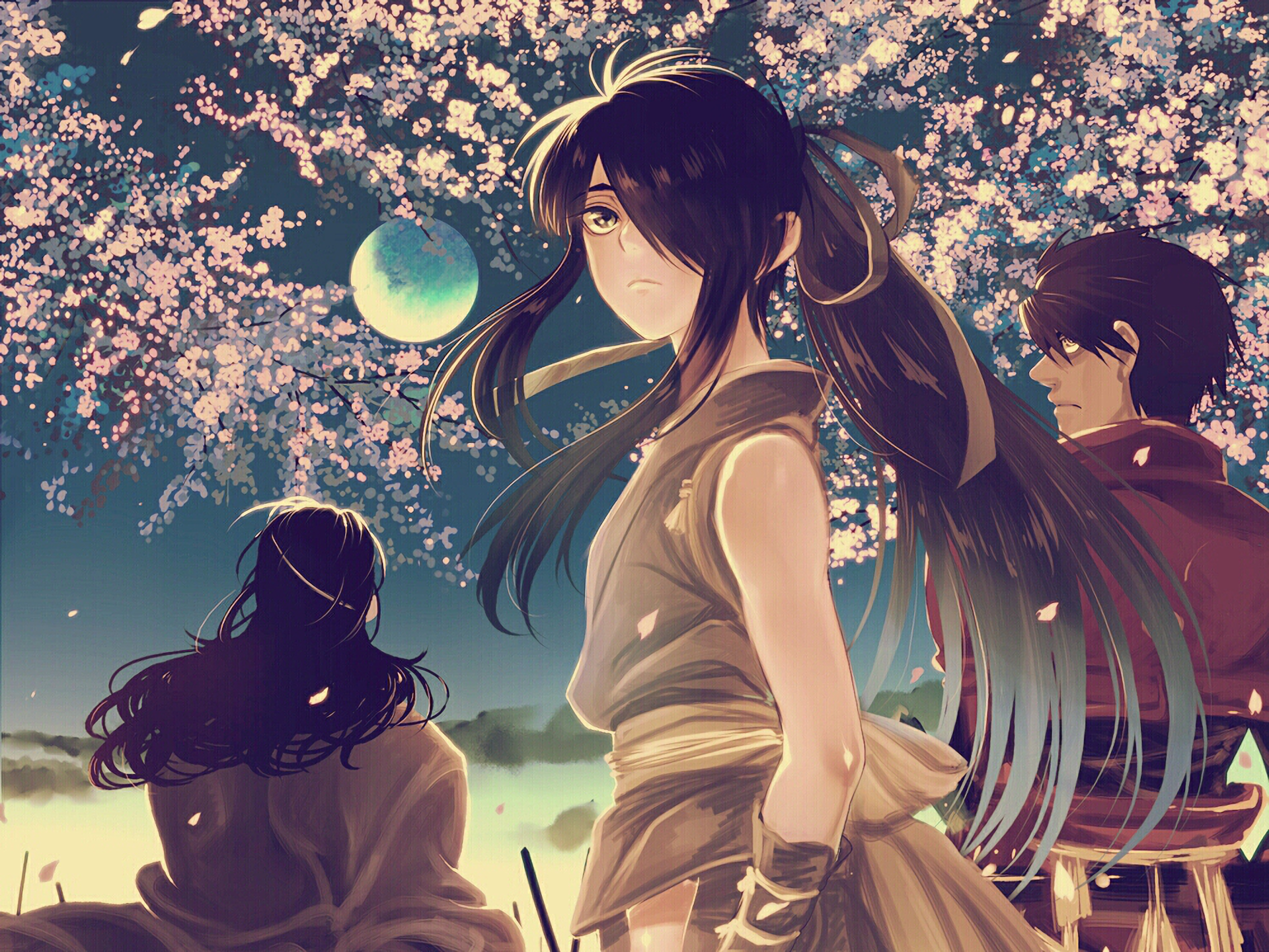 HD PC desktop wallpaper from the anime Drifters features three characters under a starry sky and blooming cherry blossoms.