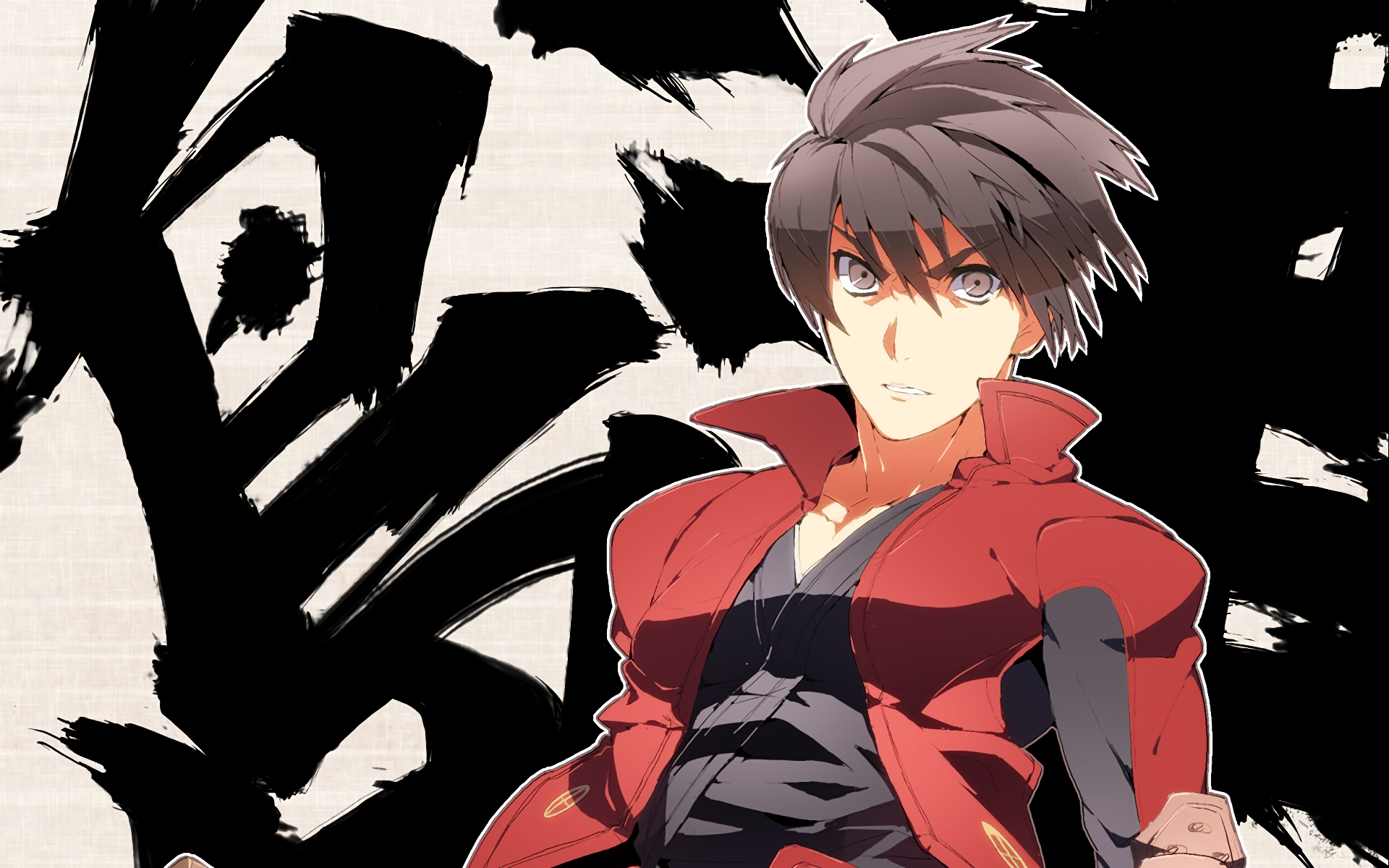 Anime portrait of a young man in a red jacket against bold black brushstrokes — Drifters HD PC desktop wallpaper and background.