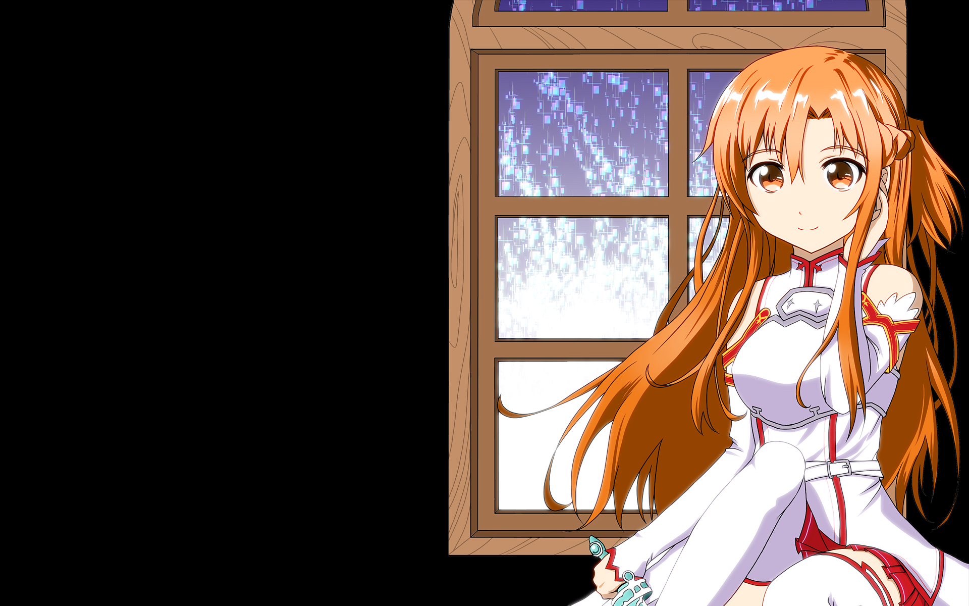 HD PC desktop wallpaper of Asuna from Sword Art Online, seated by a window with falling snow, long orange hair and a white-and-red outfit.