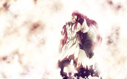 HD desktop wallpaper featuring Kushina Uzumaki and Minato Namikaze from the anime Naruto, surrounded by a misty and ethereal background.