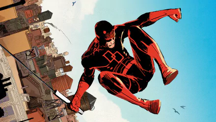 Comic Daredevil HD PC desktop wallpaper and background: Daredevil in his red suit leaps over a city skyline, brandishing his billy club against a bright sky.