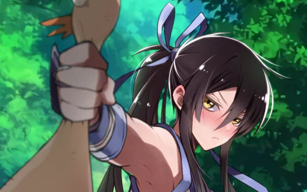 HD anime desktop wallpaper featuring Nasu no Yoichi from Drifters, drawing a bow amid a vibrant green forest background.