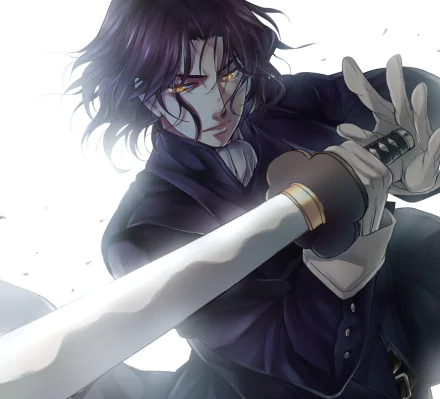 HD PC desktop wallpaper featuring an intense anime character from Drifters, gripping a sword with focused eyes and dynamic motion in a dramatic close-up scene.