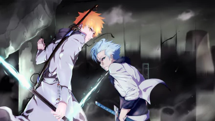 HD anime desktop wallpaper featuring Grimmjow Jaegerjaquez and Ichigo Kurosaki from Bleach in a dramatic, dark urban setting.