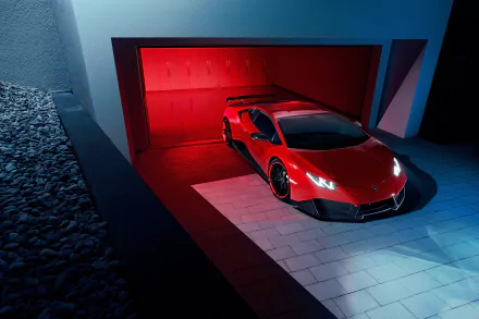 A red Lamborghini Huracan supercar parked in a modern garage, shown in vibrant lighting, designed as a 4K Ultra HD desktop wallpaper background.