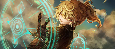 HD desktop wallpaper featuring Tanya Degurechaff from the anime Youjo Senki, displaying a powerful pose with glowing blue symbols in the background.