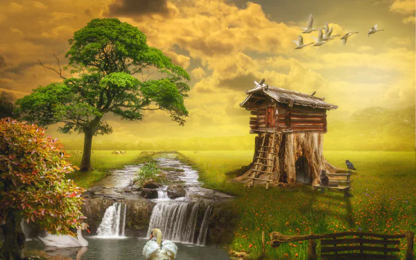 A fantasy HD desktop wallpaper featuring mute swans by a waterfall near a rustic cabin, surrounded by a meadow and trees under a golden sky with flying swans.