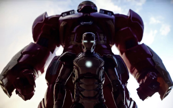 HD desktop wallpaper featuring Iron Man in front of the towering Hulkbuster. Comic book characters stand against a backdrop of a cloudy sky.