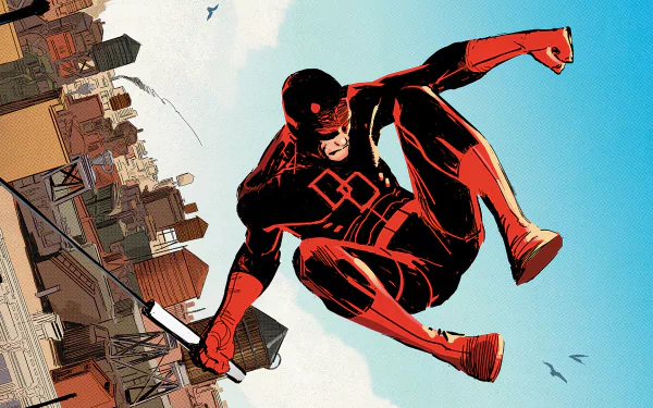Comic Daredevil HD PC desktop wallpaper and background: Daredevil in his red suit leaps over a city skyline, brandishing his billy club against a bright sky.