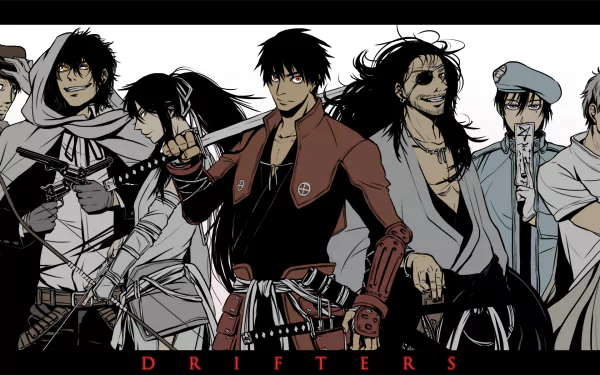 HD PC desktop wallpaper featuring characters from the anime Drifters, showcasing distinct warrior designs with a dark and detailed art style.