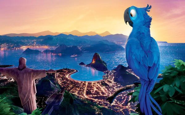 HD PC desktop wallpaper: Blu, the blue macaw from the movie Rio, perched above illuminated Rio de Janeiro with Christ the Redeemer and Sugarloaf at sunset.