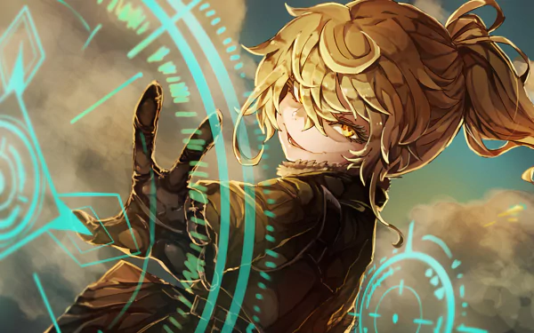 HD desktop wallpaper featuring Tanya Degurechaff from the anime Youjo Senki, displaying a powerful pose with glowing blue symbols in the background.