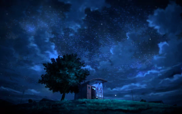 4K Ultra HD desktop wallpaper featuring a starry night sky from the movie Patema Inverted, with a lone tree and a small illuminated structure under the vast cosmos.
