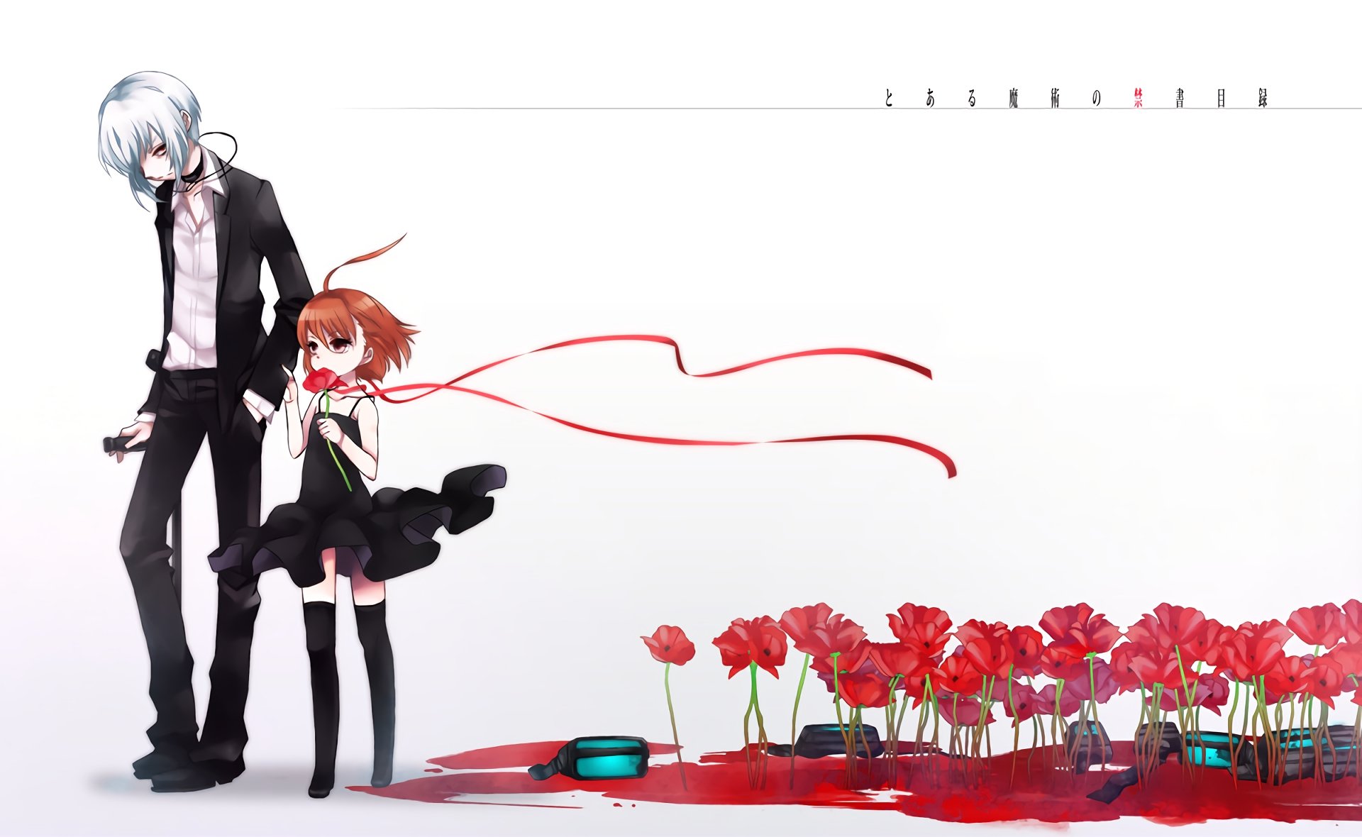 HD anime desktop wallpaper featuring Last Order and Accelerator from A Certain Magical Index, with red flowers and flowing ribbons on a white background.