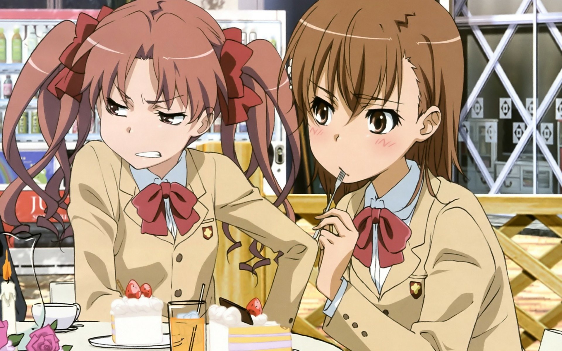 Anime HD wallpaper featuring Mikoto Misaka and Kuroko Shirai from A Certain Scientific Railgun in school uniforms with brown hair and brown eyes.