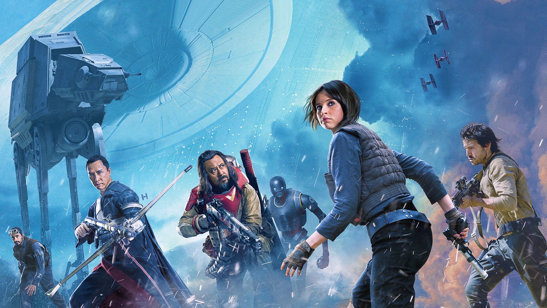 Download AT-AT Walker Cassian Andor Baze Malbus Chirrut Îmwe Bodhi Rook K-2SO Jyn Erso Movie Rogue One: A Star Wars Story HD Wallpaper