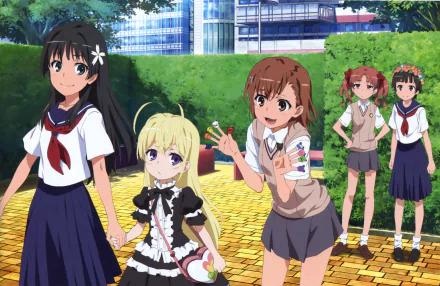 Anime HD wallpaper featuring Kazari Uiharu, Ruiko Saten, Kuroko Shirai, and Mikoto Misaka in school uniforms with skirts, set outdoors under a clear blue sky.
