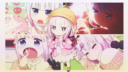HD desktop wallpaper featuring Kanna Kamui from the anime Miss Kobayashi's Dragon Maid, showcasing various adorable expressions and scenes.