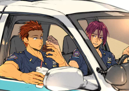 HD anime wallpaper featuring Seijuro Mikoshiba and Rin Matsuoka from Free! sitting in a car, dressed in police uniforms.